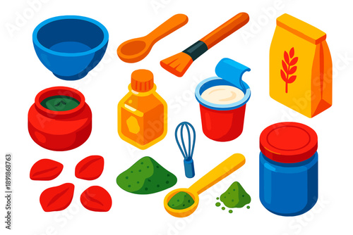 Beauty DIY Essentials. Isometric vector illustration set Wellness, Relaxation, and Beauty Essentials: DIY face mask bowl, mixing