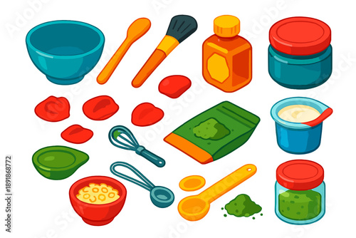 Beauty DIY Essentials. Isometric vector illustration set Wellness, Relaxation, and Beauty Essentials: DIY face mask bowl, mixing