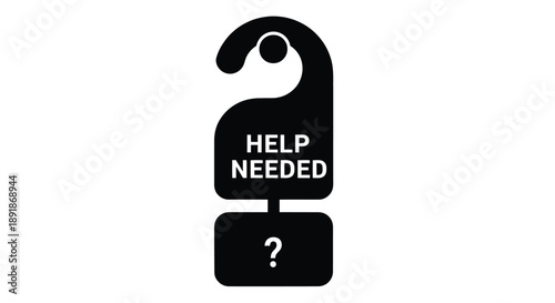 A black door hanger displaying help needed with a question mark silhouette