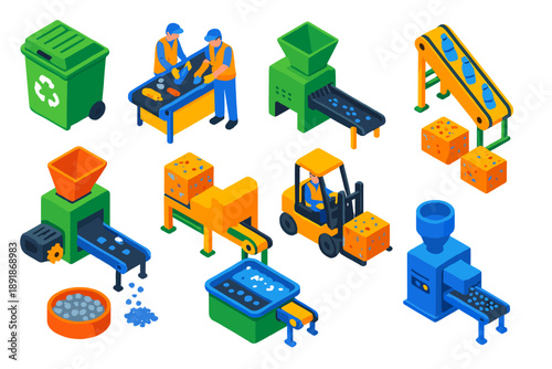 Recycling Process Icons. Isometric vector illustration set Recycling Process: collection bin, sorting belt, shredding machine,