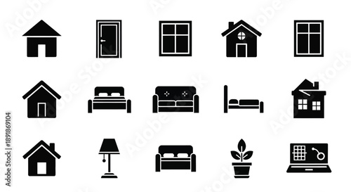 Black home and furniture icons arranged in a grid silhouette