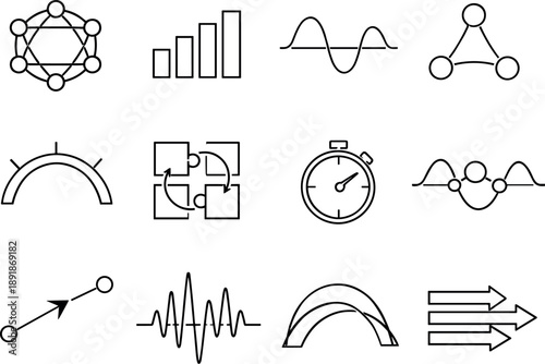 Line style vector icons of emotional atmosphere: cycle mesh, interval bar, wave contour, transition node, phase arc, sync tile,