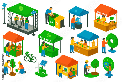 Eco Festival Isometric Scene. Isometric vector illustration set Eco Festival and Events: outdoor stage with solar lights,
