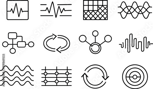 Line style vector icons of web development backend services tools: pulse tile, pulse band, pattern tile, amplitude mesh, flow
