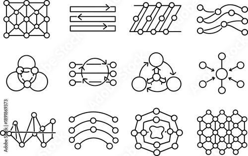Line style vector icons of cryptocurrency blockchain governance and consensus: variation mesh, sync bar, propagation stripe, flow