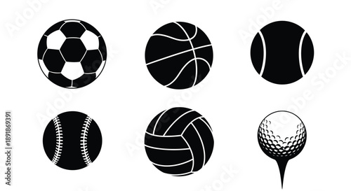 Various sports balls depicted in a bold black silhouette