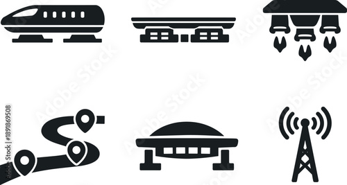 Solid vector icons of magnetically lifted transit vehicles: high-speed capsule, lower magnetic array, thrust distribution module;