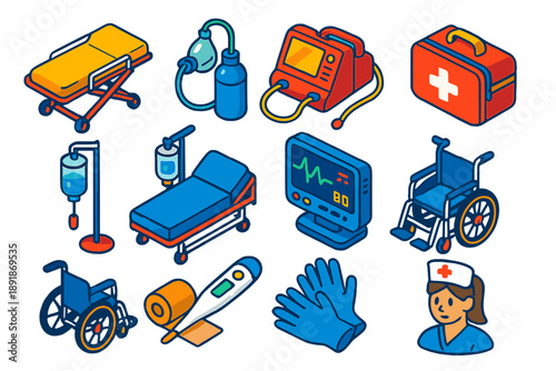 Medical Emergency Icons. Isometric vector illustration set Medical Emergencies: stretcher, oxygen mask, defibrillator, paramedic