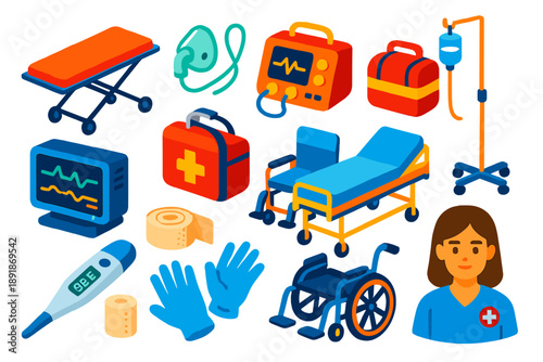 Medical Emergency Icons. Isometric vector illustration set Medical Emergencies: stretcher, oxygen mask, defibrillator, paramedic