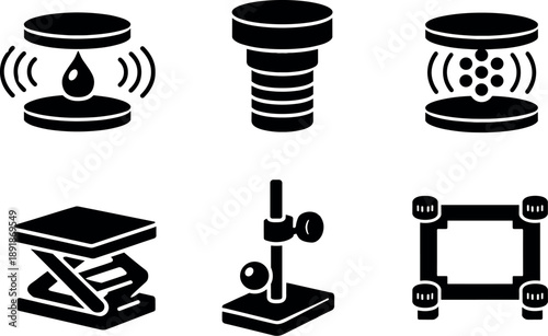 Solid vector icons of acoustic levitation experiments: levitating water droplet, ultrasonic transducer, standing wave field; lab