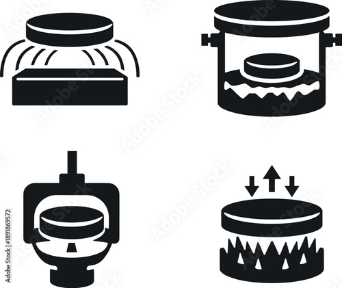 Solid vector icons of superconductive levitation: hovering superconductor disk, permanent magnet block, magnetic field lines;