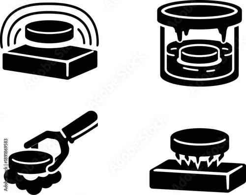 Solid vector icons of superconductive levitation: hovering superconductor disk, permanent magnet block, magnetic field lines;