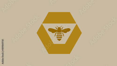 A stylized bee within a hexagonal frame, presented in golden hues against a neutral background