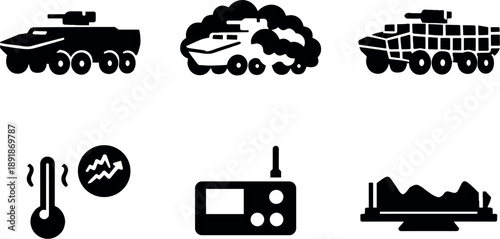 Solid vector icons of IR-blending combat vehicles: armored vehicle hull, infrared-diffusion coating, thermal-matching panels;