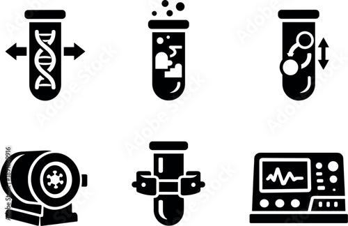 Solid vector icons of biochemical information-processing tubes: DNA gate system, enzymatic reaction zone, molecular state switch;