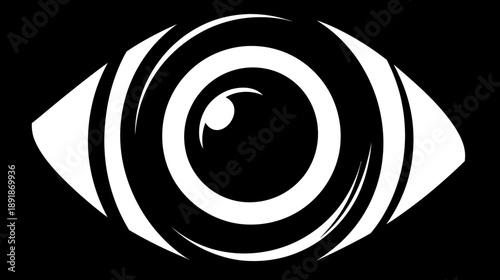 A stylized eye graphic, white elements against a black background, with concentric circles