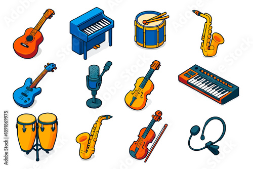 Colorful Music Instruments Icons. Isometric vector illustration set music instruments: parlor steel guitar, electronic upright