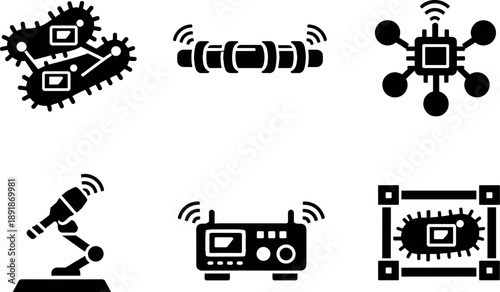 Solid vector icons of bacterial signal-processing computers: signaling bacterium cluster, bio-transmission channel, molecular