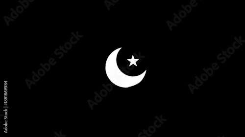 A stark white crescent moon with a five-pointed star centered, set against a solid black backdrop