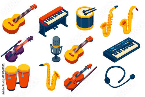 Colorful Music Instruments Icons. Isometric vector illustration set music instruments: parlor steel guitar, electronic upright