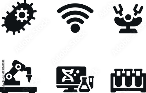 Bacterial Communication Icons. Solid vector icons of bacterial communication modules: synthetic microbe unit, signal-emitting