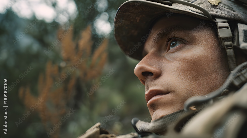 Fototapeta premium A man in a camouflage hat and uniform is looking at the camera