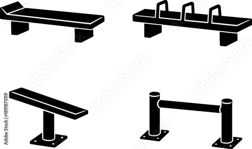 Deterrent City Benches. Solid vector icons of deterrent-oriented city benches: raised uncomfortable edge, multiple divider bars,