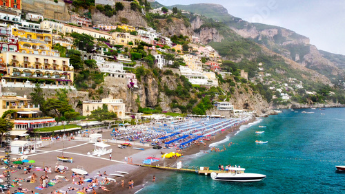 Tableau sur toile Panoramic aerial view of Positano coastline from a moving drone, Campania - Italy