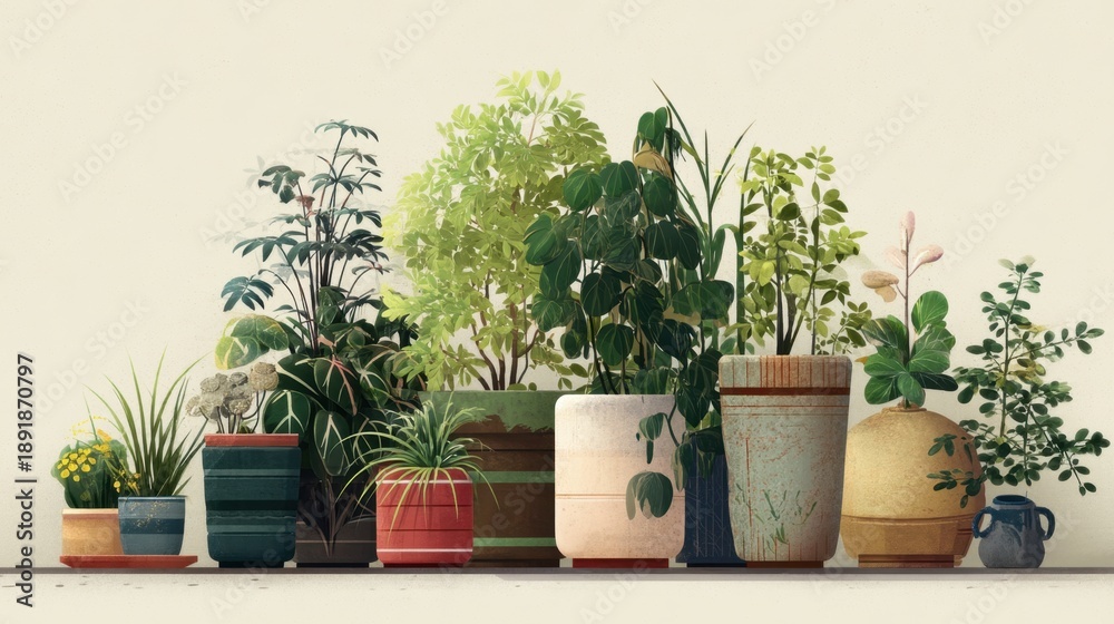 Fototapeta premium Collection of decorative indoor plants in colorful pots on shelf.