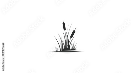 A grayscale minimalist illustration featuring cattails and tall grass in a simplistic, serene scene