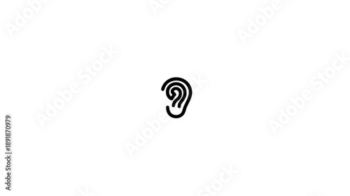 A stylized black outline graphic of a human ear on a stark white background