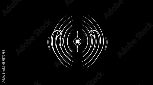 Abstract black and white symmetrical design resembling sound waves emanating from a central point
