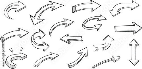 Collection of various hand-drawn arrows pointing in different directions on a plain surface