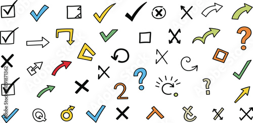 Assorted Hand-Drawn Symbols and Icons on a White Background, Featuring Checkmarks, Arrows, and Question Marks in Various Colors