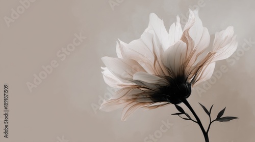 Elegant white flower with delicate petals on a soft beige background.