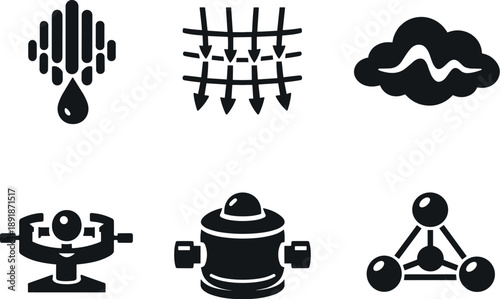 Quantum Gas Icons. Solid vector icons of quantum-degenerate gas systems: condensed atom field, cooling lattice lines, wavefunction