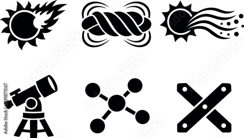 Solid vector icons of astrophysical plasma forms: stellar plasma flare, magnetic flux rope, ionized solar stream; telescope mount