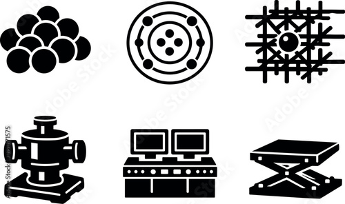 Degenerate Fermi Gas Icons. Solid vector icons of degenerate Fermi gas setups: fermionic atom ensemble, Pauli-exclusion shell,