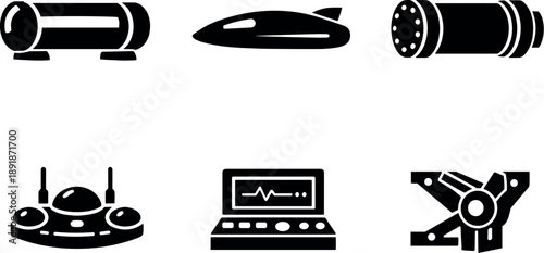 Solid vector icons of supersonic vacuum transport modules: enclosed tube passage, sleek transit capsule, pressure-isolated