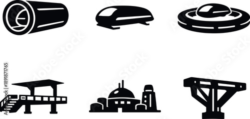 Futuristic Levitation Transport. Solid vector icons of sub-city levitation transport: deep maglev conduit, rail-less gliding