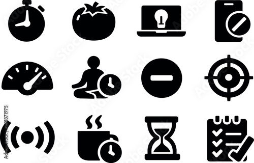 Solid vector icons of time management focus and productivity tools: focus timer, pomodoro timer, deep work mode, distraction