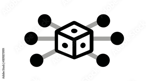 A geometric illustration of a cube die with six spheres connected by lines