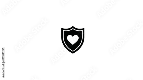 A black and white graphic depicting a heart inside of a shield, set against a blank white backdrop