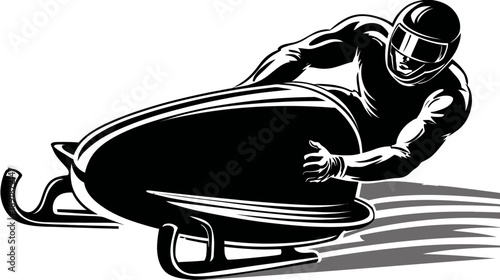 A monochrome illustration of a bobsledder speeding down a track, body poised and ready