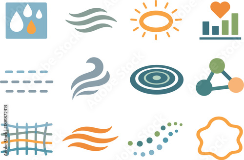 Flat vector icons of fear scent signals: stress droplet tile, airborne cue line, tension halo ring, autonomic pulse bar,