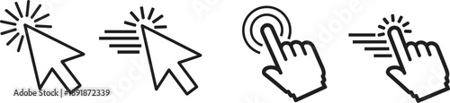 A set of four cursor icons illustrating various mouse actions from left to right, depicted in a simple line art style