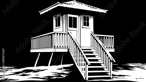 A lifeguard station illustration in a stark black and white style. Features stairs and small windows