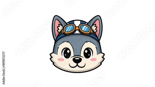 Cartoon illustration of a smiling husky dog wearing aviator goggles on a white background with a playful mood.