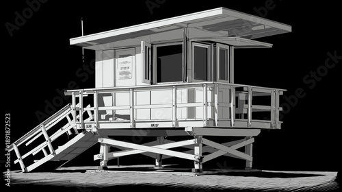 A grayscale illustration of a lifeguard station on the beach. Structure is elevated on supports
