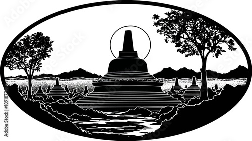 Oval black and white image of a temple with trees, mountains, and water, with a halo over it